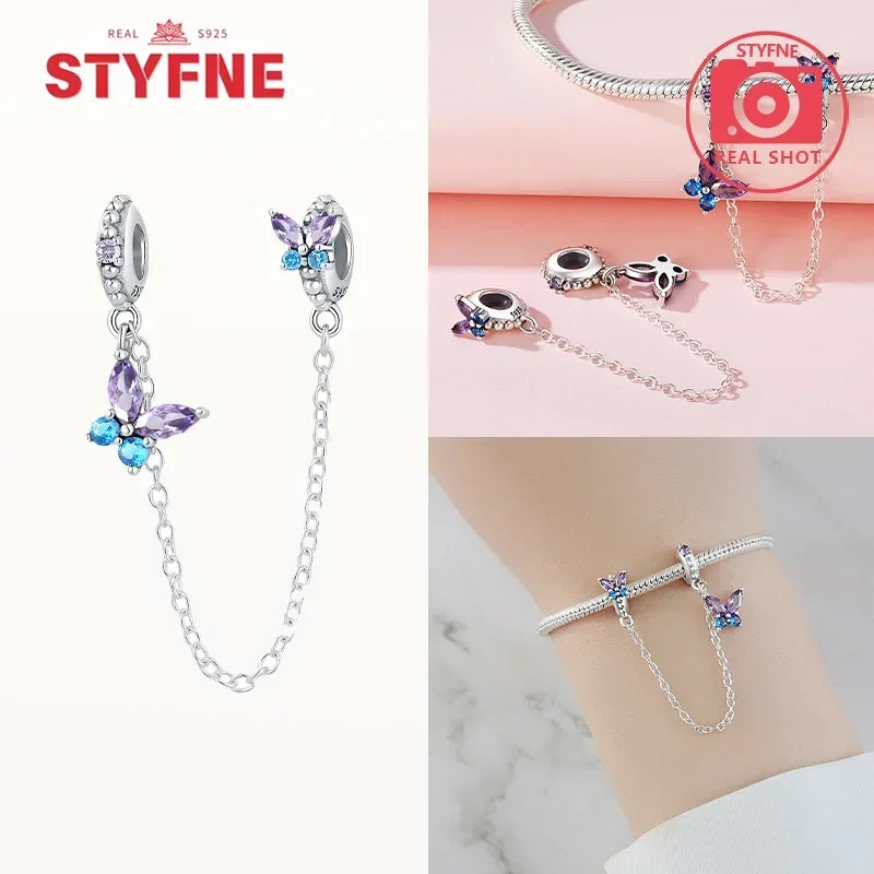 S925 Silver Cute Cat Heart Bead Safety Chain Fit Original Bracelet