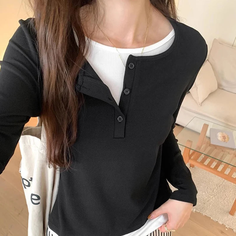 Slimming Effect Pure Cotton Long Sleeve Top – Women’s Loose Fashionable Base Shirt Spring Autumn 2025