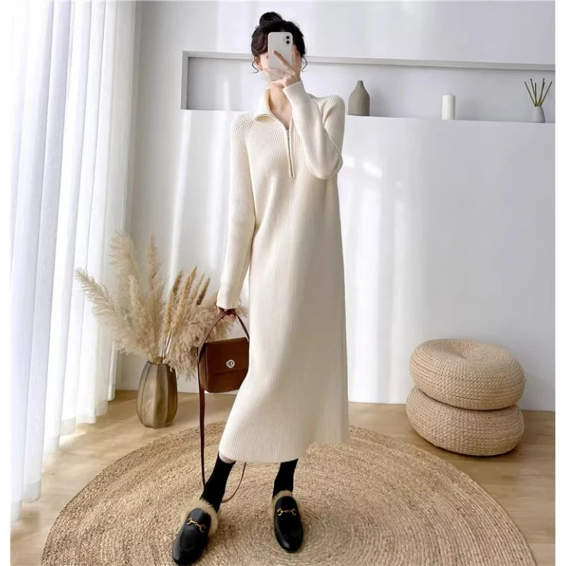 Autumn Winter High Collar Knitted Dress for Women – Loose Fit Long Sleeve Straight Tube Casual Warm Outfit