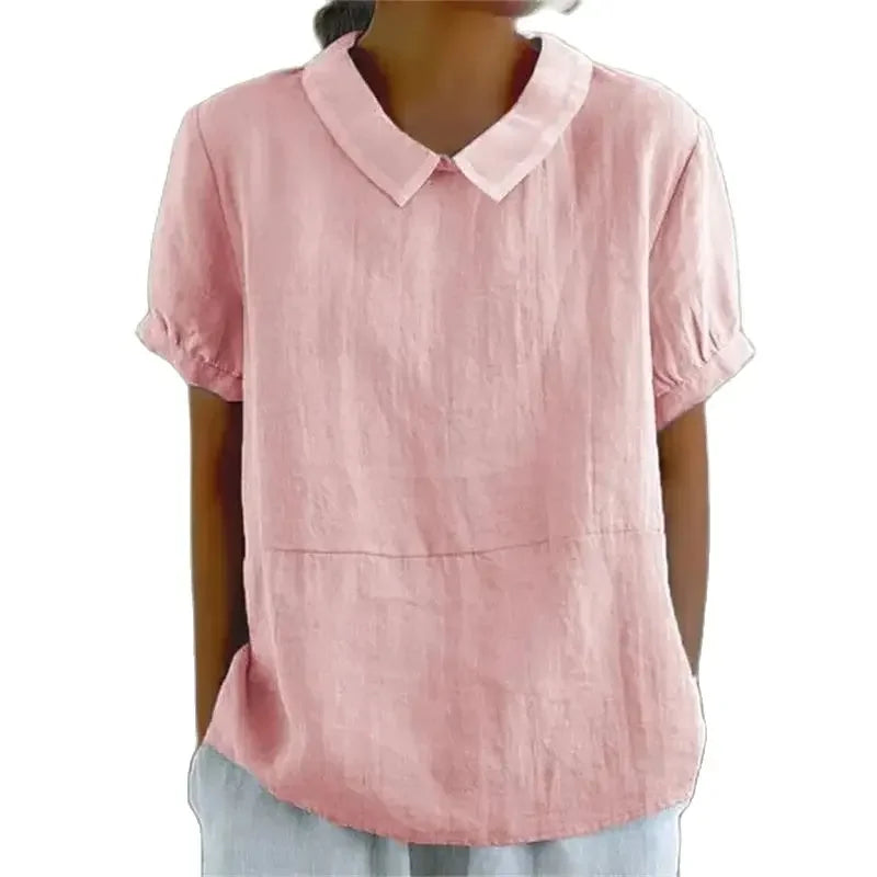 Women’s Summer Cotton Linen Lapel Pullover Shirt – Solid Color Short Sleeve Blouse 2024 👚☀️