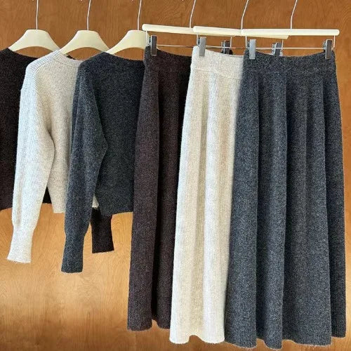 🍂 Soft Cozy Women’s Knitted Sweater & Cardigan Top 👚 Plus Dress Two-Piece Set ✨ Autumn Winter Long Sleeve Commute Wear