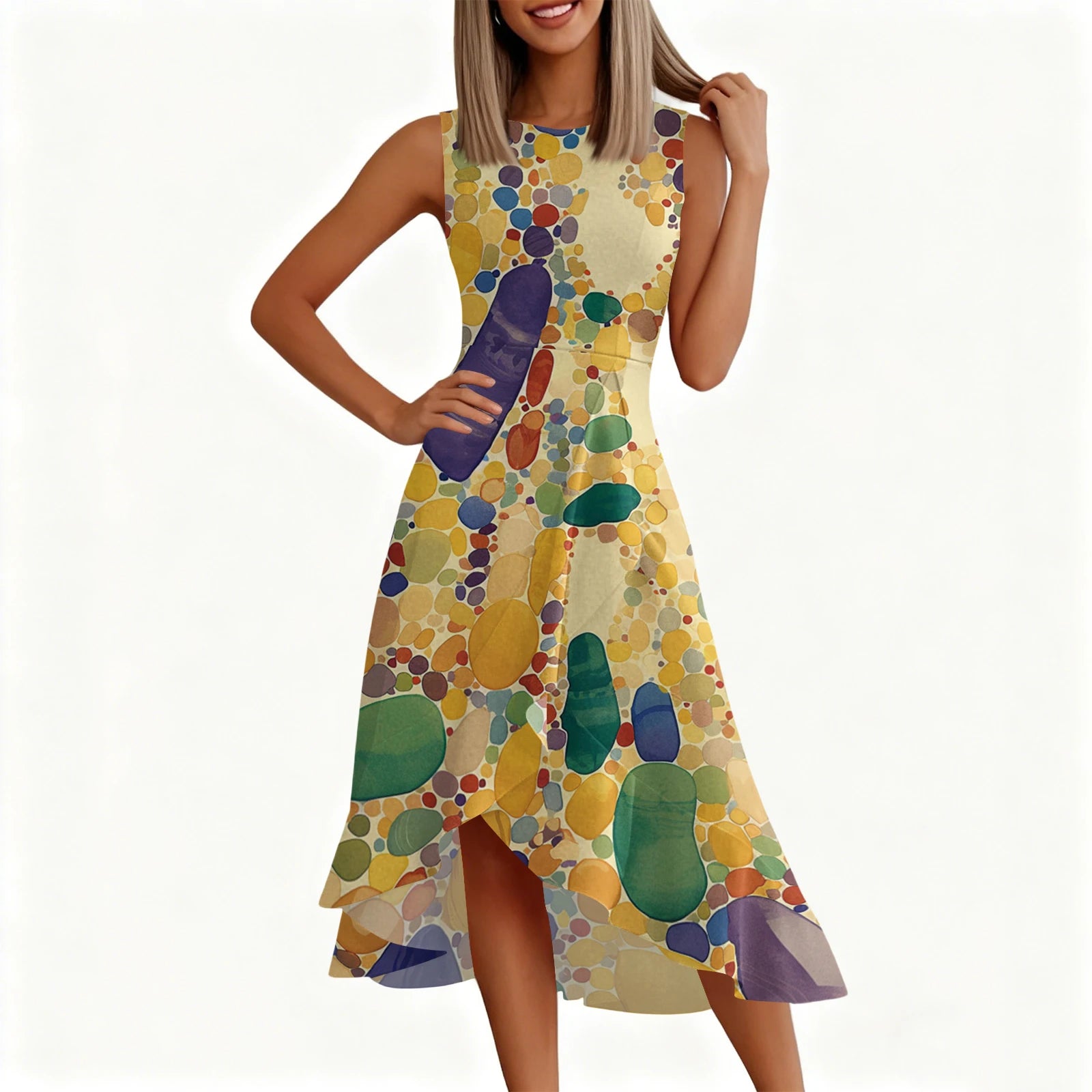 Carnival Women's Dress 🎉 Ruffled Printed Casual Dress 👗 Sleeveless Round Neck Stylish Festival Costume ✨