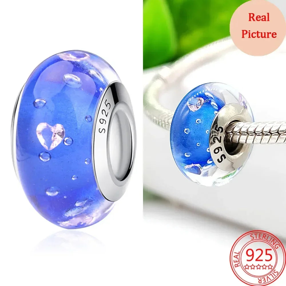 925 Sterling Silver Murano Glass Galaxy & Clover Heart Beads | Fit Pandora Bracelet DIY Jewelry Gift for Mum