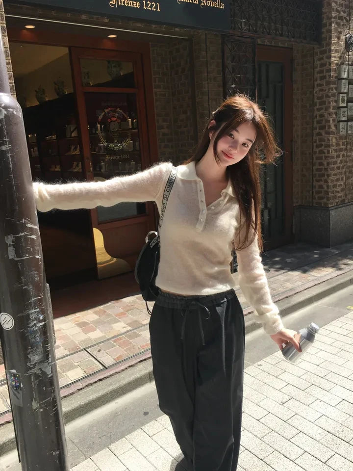 Sweet Soft Button-Up Knitted Sweater for Women | Loose Fit Flip Collar Knitwear | Comfortable Autumn Pullover