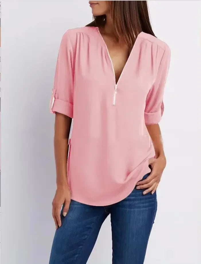 2025 Women’s Chiffon Blouse | Sexy Deep V-Neck Zipper Pullover Loose Fashion Top Plus Size