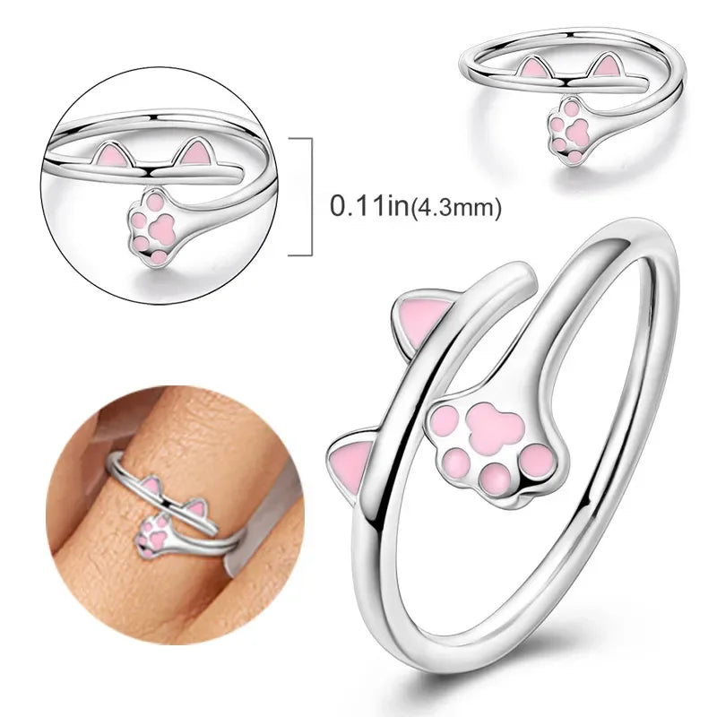 Real S925 Sterling Silver Cat Pink Ring | Adorable Women’s Fine Jewelry Gift for Teen Girls & Valentine’s Day