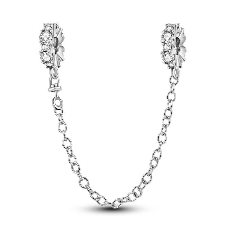 925 Sterling Silver CZ Pave Daisy Clip Charm & Safety Chain – Fits Original Pandora Bracelet, Women’s Silver Stopper Beads Jewelry