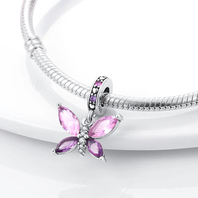 2025 Hot Sale 925 Sterling Silver Pink Butterfly Luminous Firefly Charm | Dangle Bead Fit Bracelet Necklace DIY Jewelry