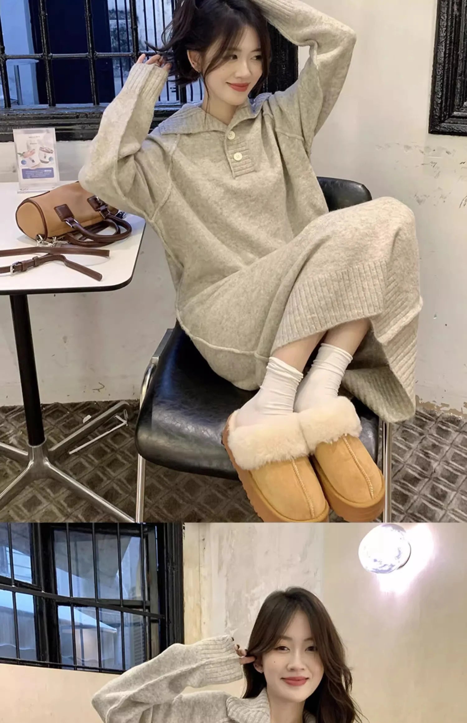 Women’s V-Neck Knitted Dress – Loose Fit Mid-Length Knee-Over Sweater Dress, Autumn Winter Base Layer Inner Wear
