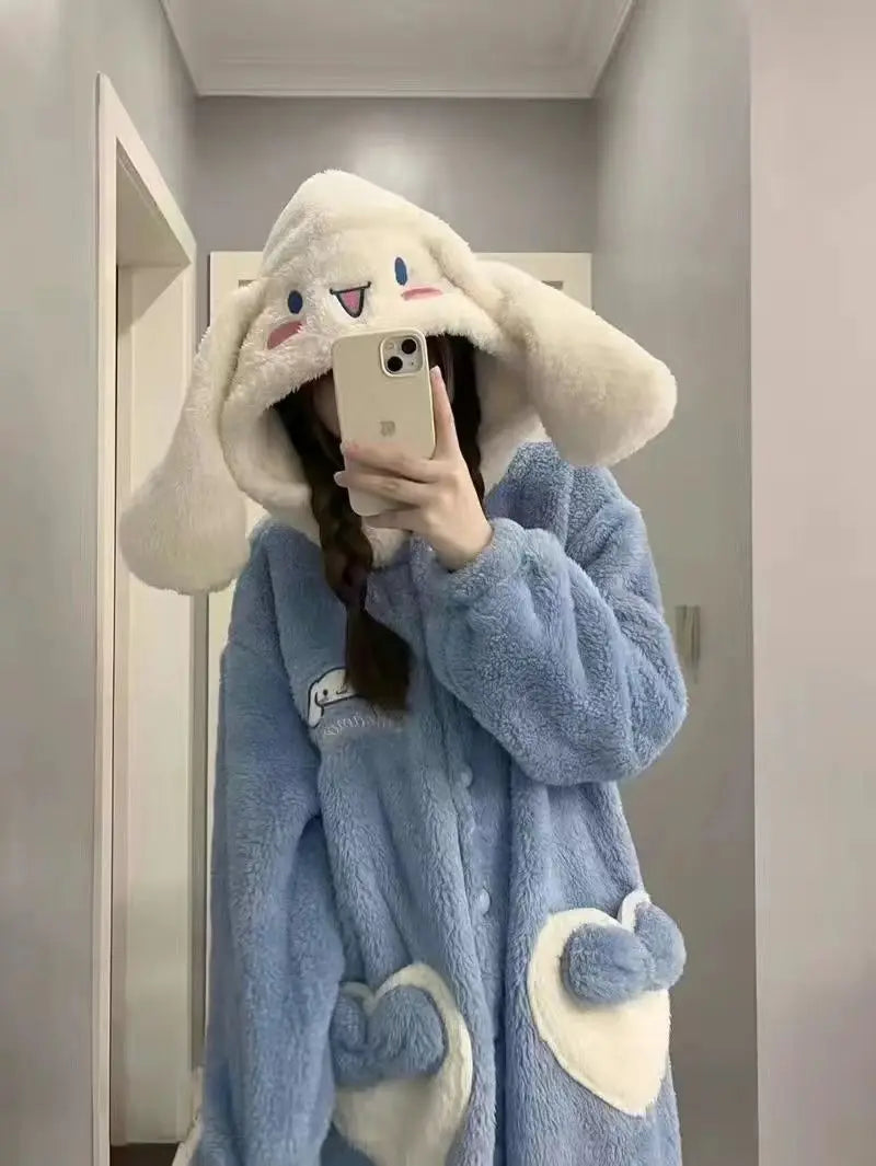 Kawaii Sanrio Hello Kitty Velvet Pajamas Set | Cute Cartoon Nightgown & Bathrobe | Girls & Couples Soft Home Wear