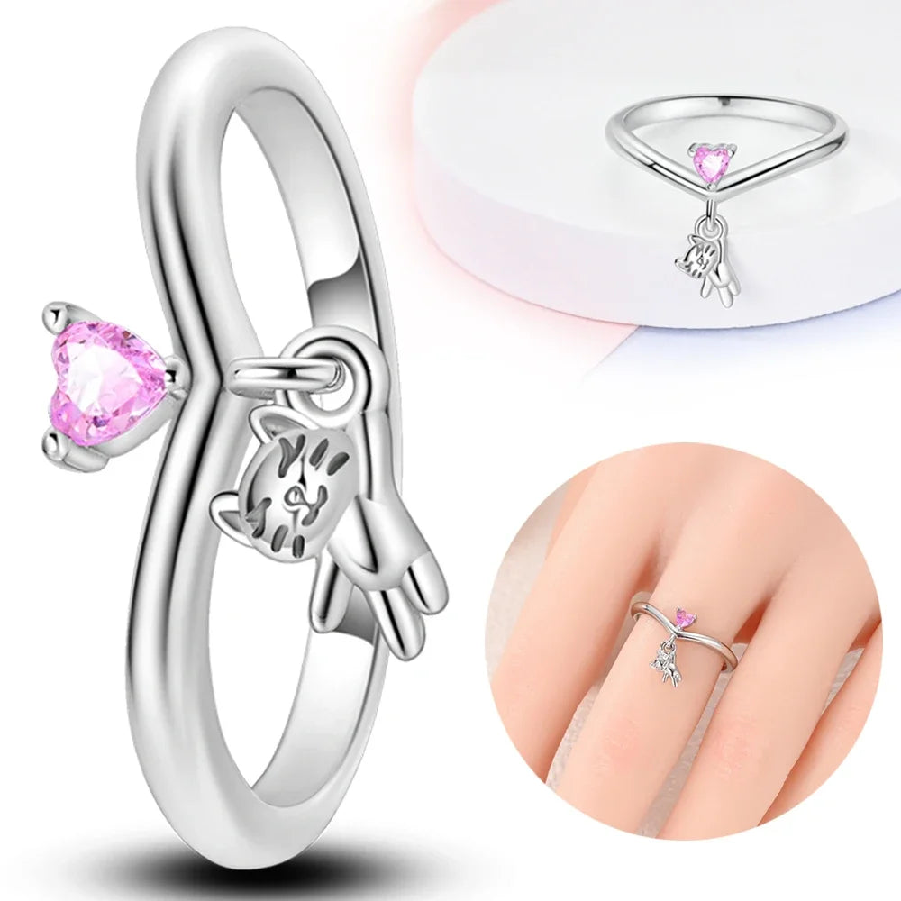 Real S925 Sterling Silver Cat Pink Ring | Adorable Women’s Fine Jewelry Gift for Teen Girls & Valentine’s Day