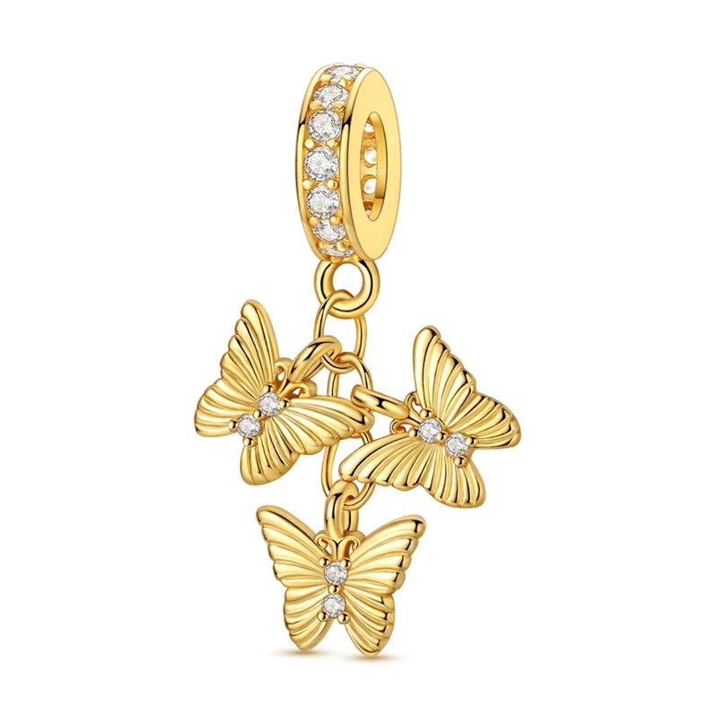 925 Sterling Silver Gold Charms Beads | Leopard, Butterfly, Firefly & Bee Dangle Fit Original Bracelet Women DIY Jewelry Gift