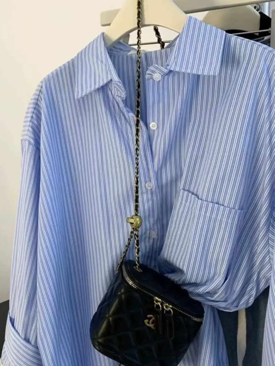 Retro Lazy Style Blue Striped Women’s Long Sleeve Shirt | Spring Autumn Design Sense Outerwear Blouse
