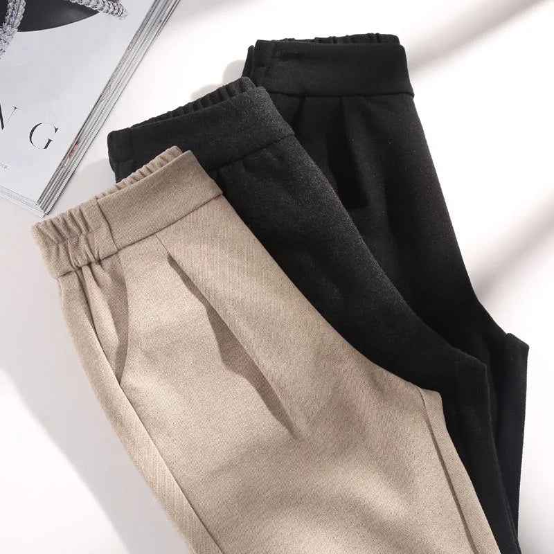 2024 Woolen Harem Pants for Women | High Waist Elastic Suit Pants | Korean Style Autumn Winter Trousers