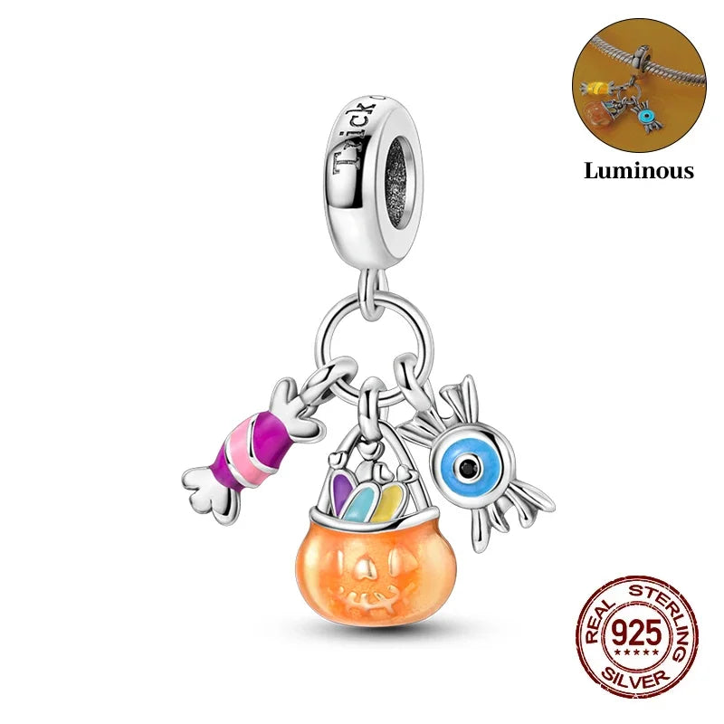 925 Sterling Silver Halloween Luminous Skull & Pumpkin Charms | Fits Original Pandora Bracelet | Party DIY Jewelry Gift