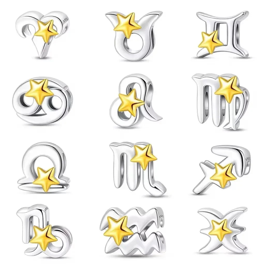 925 Silver Plated Twelve Constellations Charms Star Beads for Bracelet DIY Jewelry
