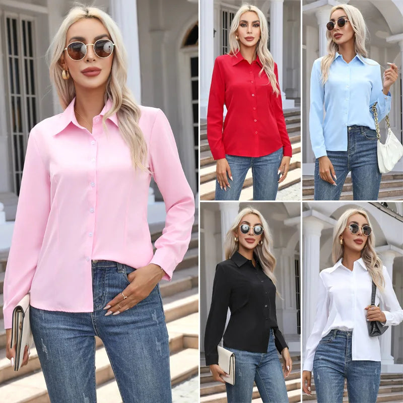 Women’s Solid Color Long Sleeve Shirt – Spring Autumn Casual Turn-Down Collar Loose Top
