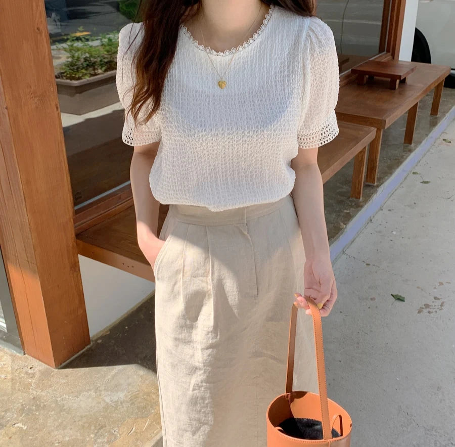 Elegant White Lace Hollow Out Blouse | Fairy-Style Bubble Sleeve Summer Top for Women