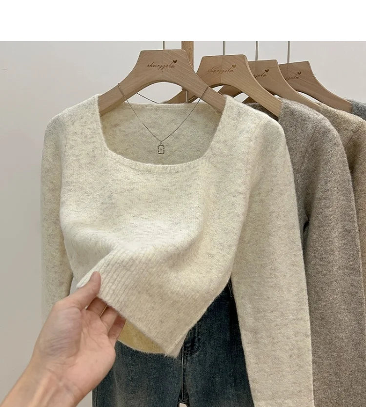 ✨ Soft Short Knitted Sweater Top for Women 🍁 Square Collar Slim Fit | Autumn Winter Inner Base Shirt 👚