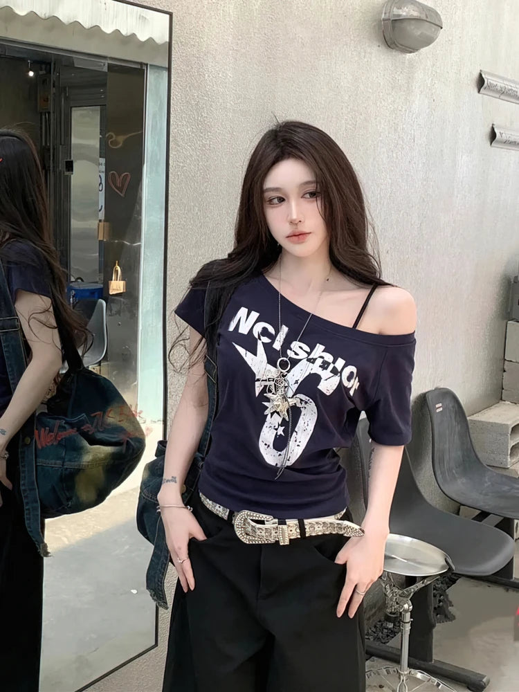 Y2K Sport Summer Off Shoulder Top for Women – Sexy Vintage 2000s Crop T-Shirt Short Sleeve Casual Body Fit Top