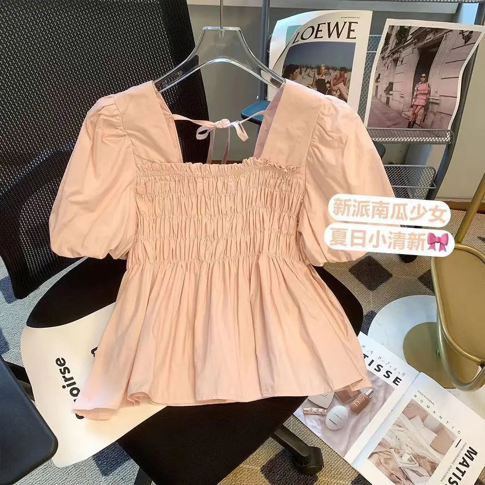☀️ Summer 2025 New Square Collar Pleated Short Sleeve Doll Shirt 👚 Women’s Small Size Bubble Sleeve Chiffon Blouse Top 🌸