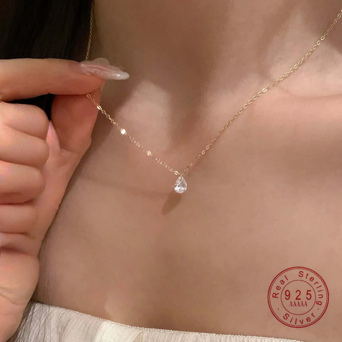 S925 Sterling Silver 14K Gold Plated Water Drop Zircon Pendant Necklace – Women’s Exquisite Collarbone Chain