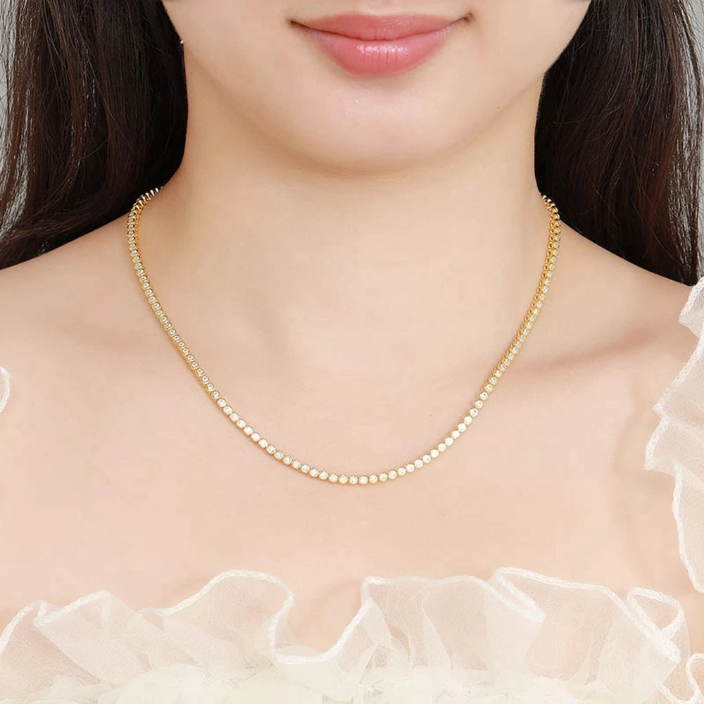 Wong Rain 18K Gold Plated 925 Sterling Silver Moissanite Tennis Necklace – 2mm D Color VVS1 3EX Diamond Chain Fine Jewelry GRA