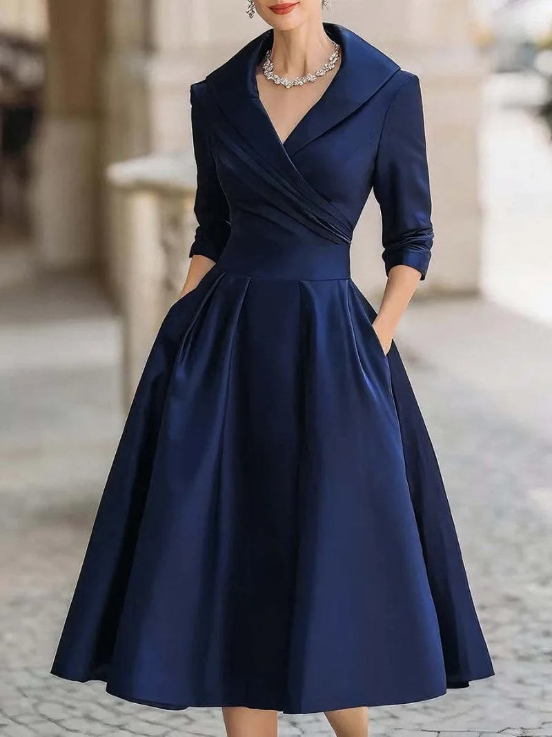 Elegant Solid Color V-Neck Waist Cinching Dress – Autumn Winter Women’s Long Sleeve Sexy Dress with Pockets | Ropa Mujer