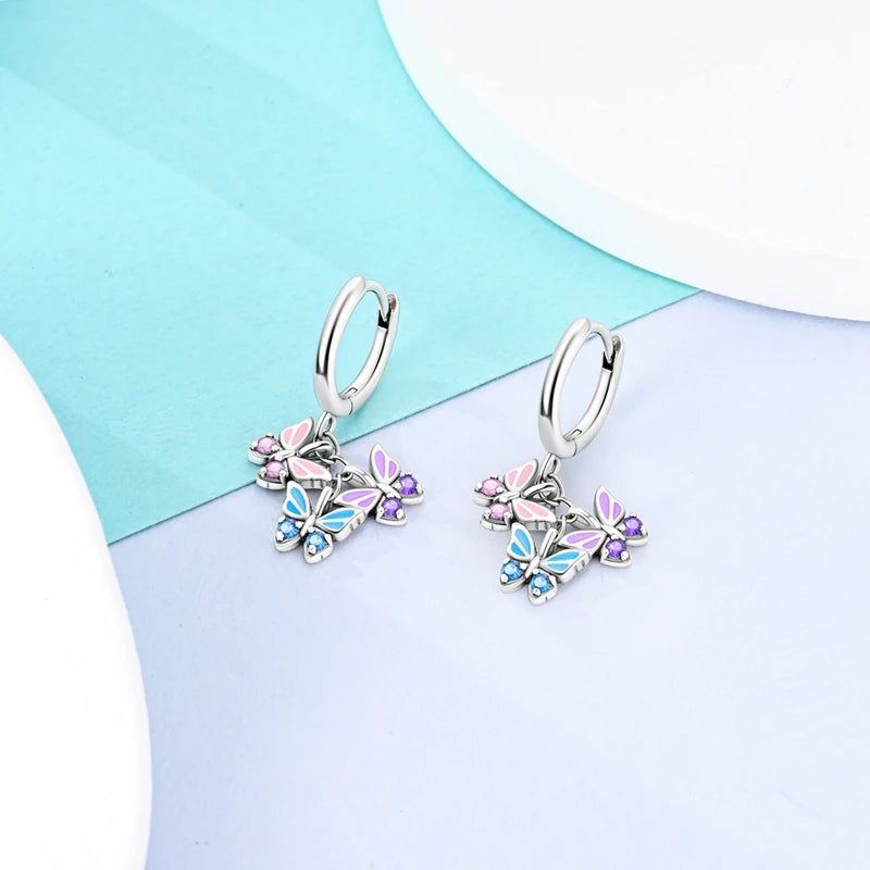 925 Sterling Silver Colorful Butterfly Hoop Earrings | Pave CZ Elegant Gothic Jewelry for Women & Friends