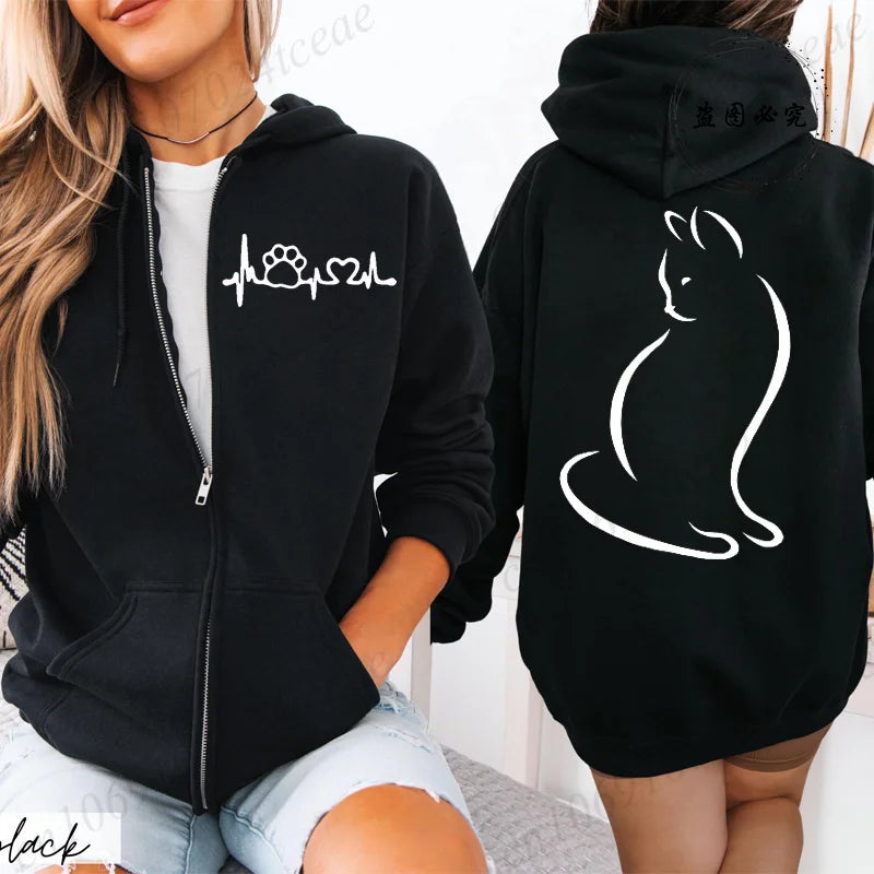 Women’s Cat Heartbeat Zipper Hoodie | Cute Zip-Up Sweatshirt | Autumn Winter Streetwear Jacket