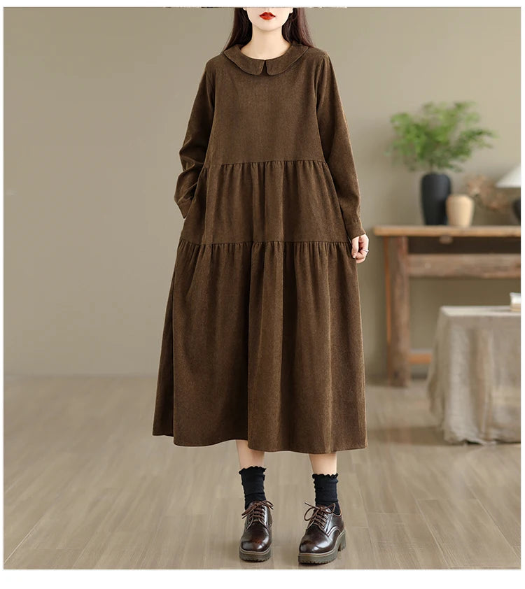 Corduroy Long Sleeve Doll Collar Dress 👗 Autumn Winter Loose A-Line Casual Midi Dress 🍂 Simple Chic Commute Dress