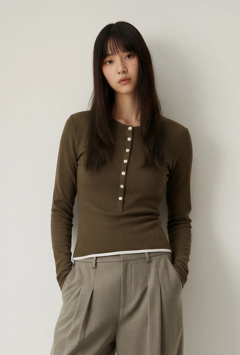 Women’s Casual Henley Neck Long Sleeve T-Shirt – Minimalist Solid Skinny Lenzing Lyocell Top