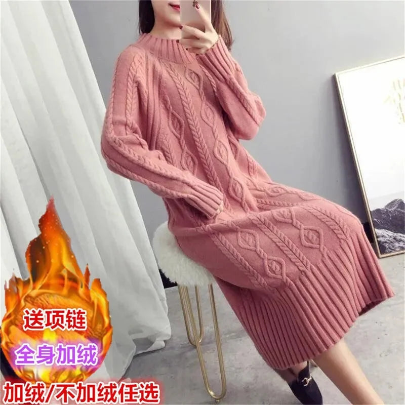 Khaki Thickened Half High Neck Sweater Dress for Women – Autumn Winter 2023 Korean Fashion Loose Thin Knit Long Dress