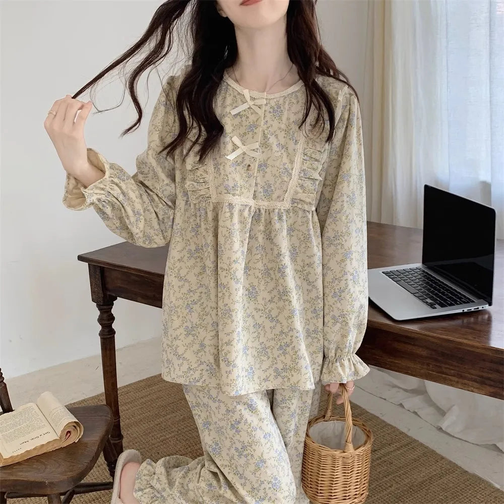 Women’s Plus Size Pajamas – Garden Style Student Homewear Two-Piece Set | Korean Version Bow Detail, Long Sleeve, Can Be Worn Outside