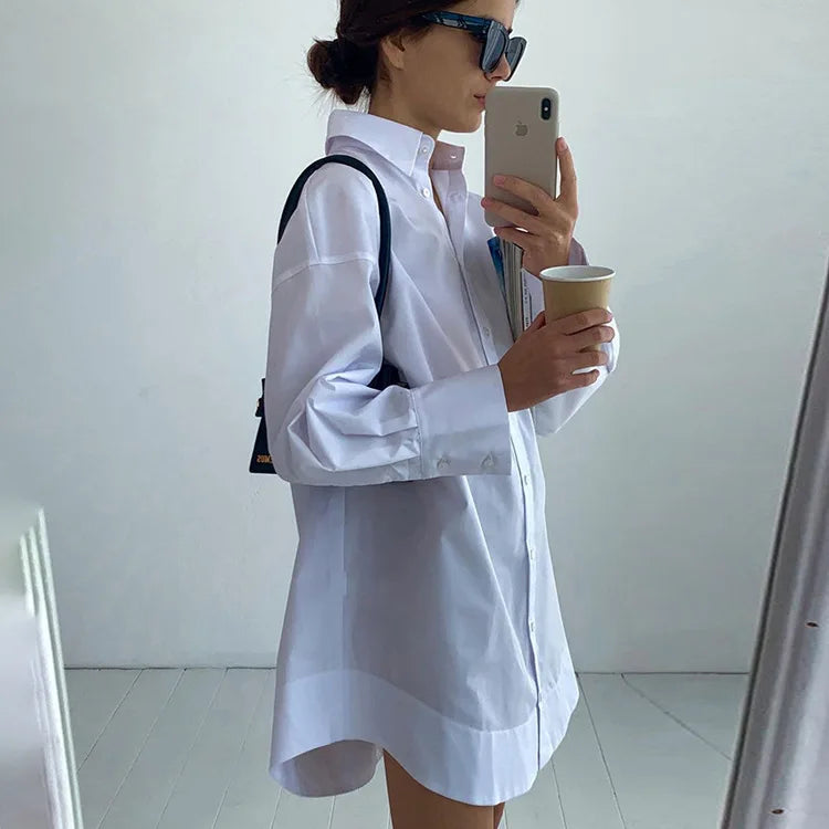 Zadily Autumn 2025 Women’s Oversized White Long Shirt – Minimalist Patchwork Button-Up Work Blouse