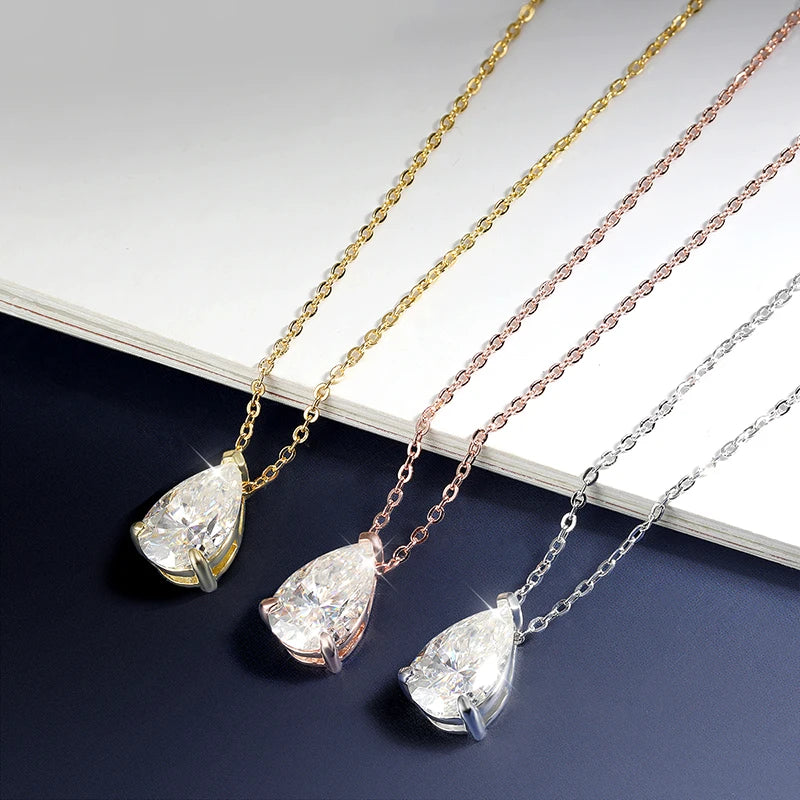 EWYA Solitaire Pear Cut Moissanite Diamond Pendant Necklace 1-5CT D Color 925 Silver 18K Rose Gold Chain for Women