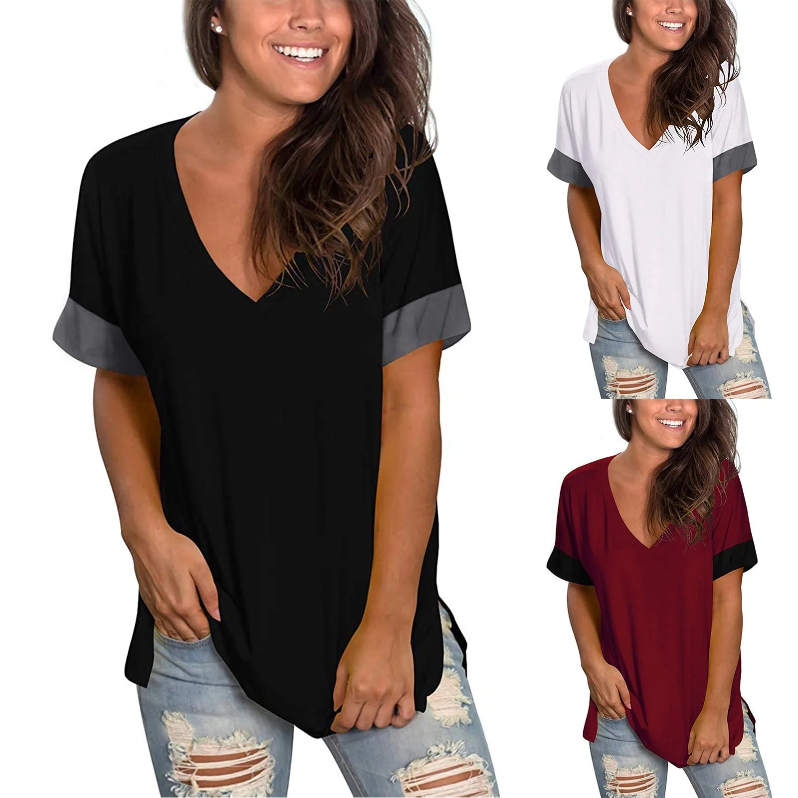 2024 Spring Summer Women’s Solid Color V-Neck Short Sleeve Base Shirt | Casual Lightweight Stitching Top