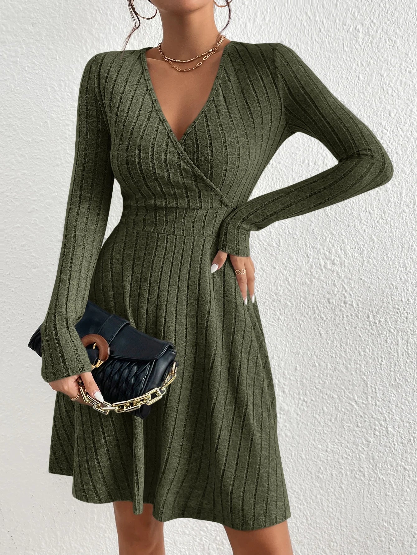 Women’s Slim Fit V-Neck Knit Dress – Long Sleeve Autumn Winter Sexy Bodycon Sweater Midi Dress, Casual Solid Color