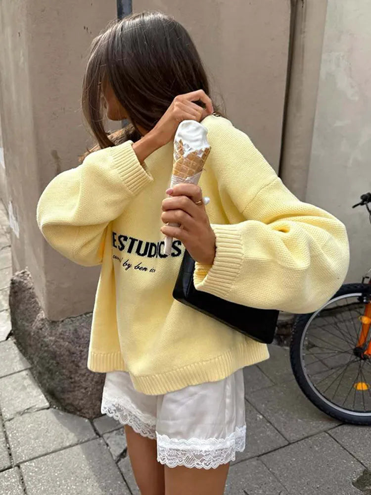 2025 Women’s Oversize Knitted Top | Full Sleeve Round Neck Pleated Loose Sweater | Autumn Daily Streetwear