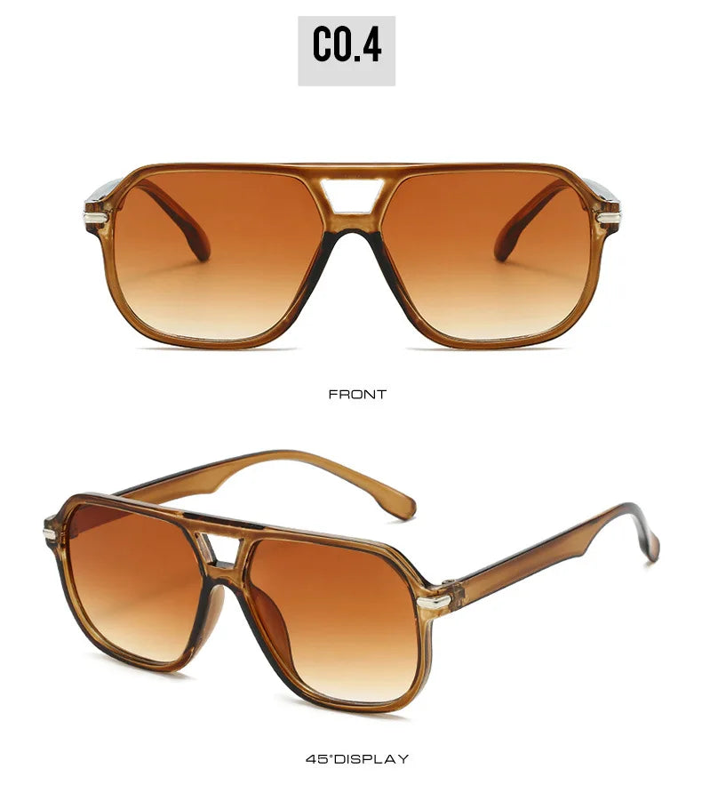 Retro Big Frame Square Sunglasses – Women & Men Double Beam One-Piece Designer Pilot Sun Glasses | Black Circular Cool Shades