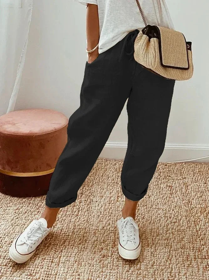 Women’s Casual Solid Color Pants – Drawstring Elastic Waist Trousers with Pockets | Lounge Fashion Straight Pants