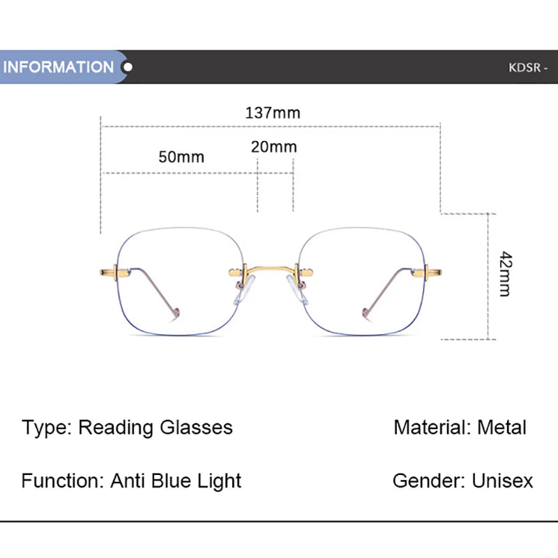 Rimless Square Reading Glasses – Blue Light Blocking Computer Eyeglasses | Fashion Reader for Women & Men +1.0 to +3.5