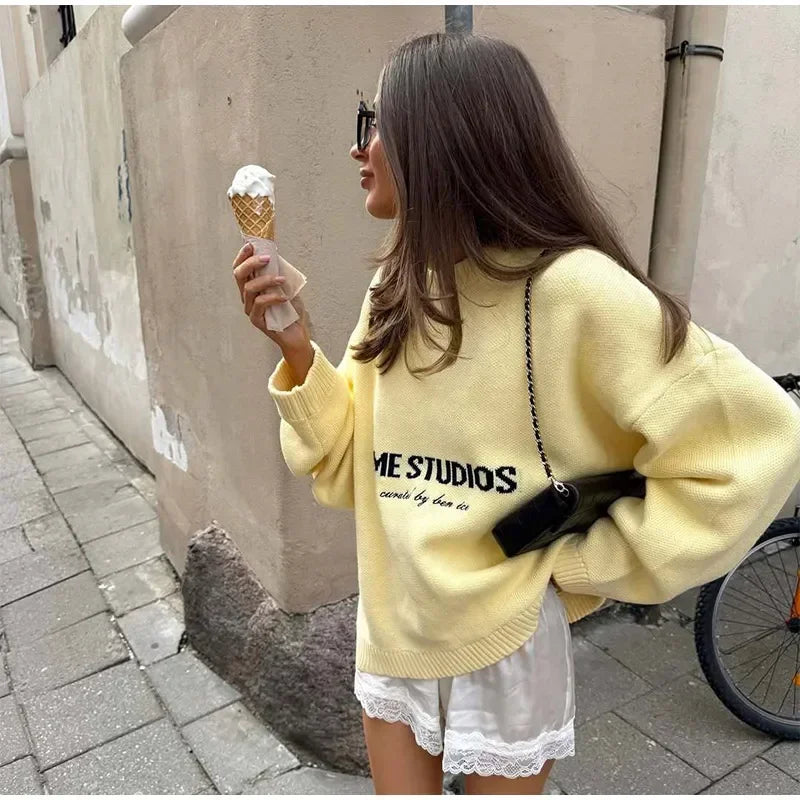 2025 Women’s Oversize Knitted Top | Full Sleeve Round Neck Pleated Loose Sweater | Autumn Daily Streetwear