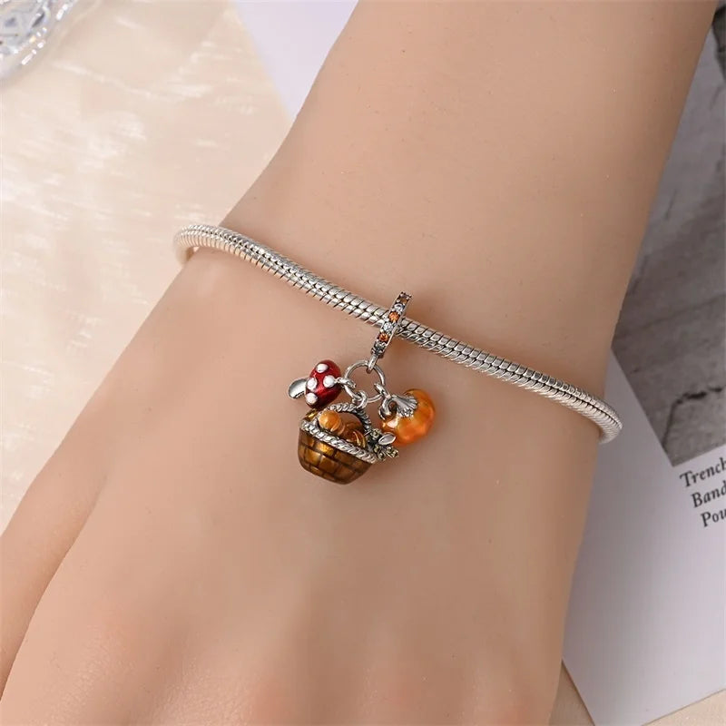 925 Sterling Silver Squirrel & Maple Leaf Charm | Shiny Zircon Autumn Beads Fit Pandora Bracelet DIY Jewelry