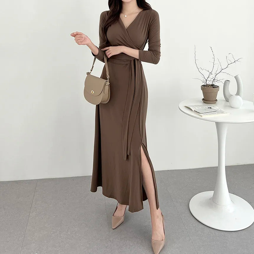 ✨ Slimming V-Neck Cross Wrap Long Dress 👗 Women's Base Layer Dress 🌸 Belted Waist Split Long Sleeve Colorful Commute Wear