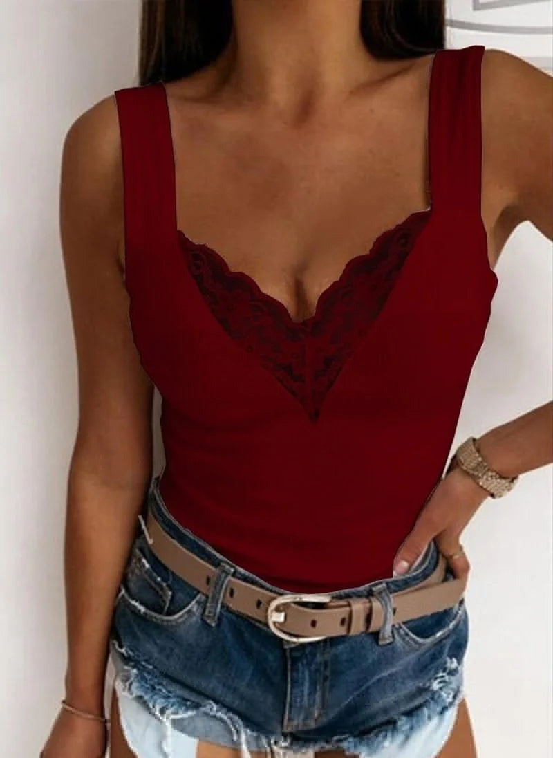 Women’s Summer V-Neck Tank Top | Casual Solid Color Lace Sleeveless Slim Shirt | Sexy Slim Fit Top