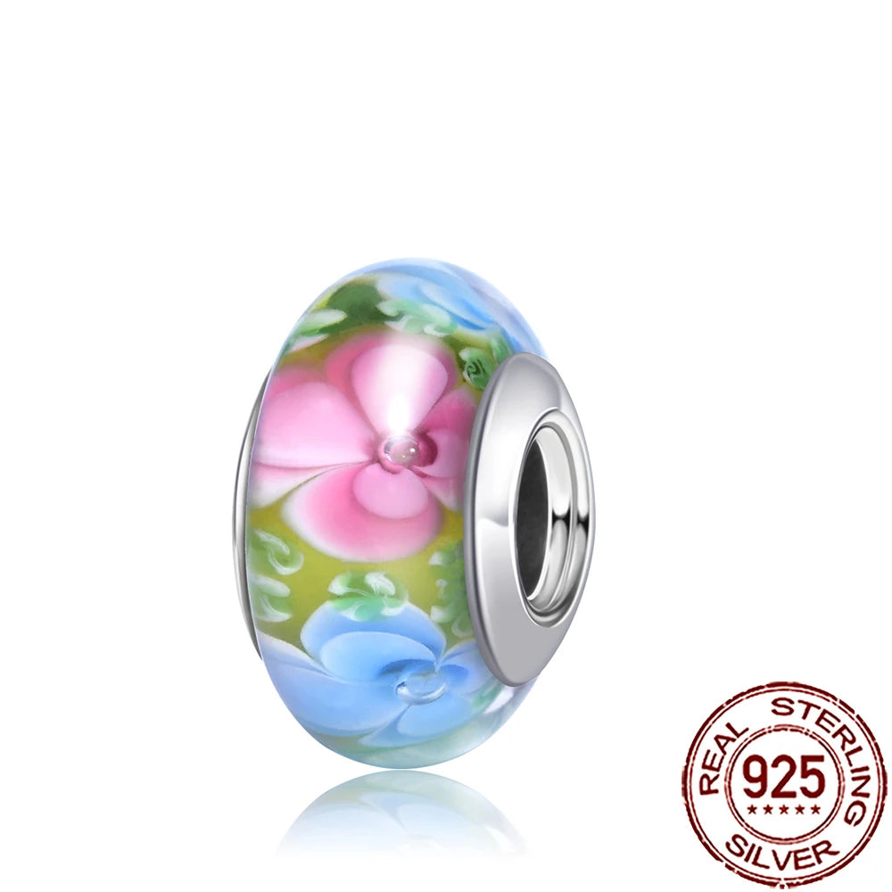 New 925 Sterling Silver Pink Daisy Murano Glass Charm | Cold Enamel Bead Fit Pandora Bracelet & Necklace