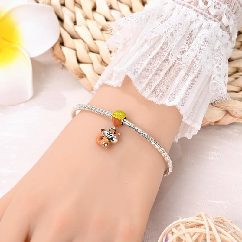 925 Sterling Silver Squirrel & Maple Leaf Charm | Shiny Zircon Autumn Beads Fit Pandora Bracelet DIY Jewelry