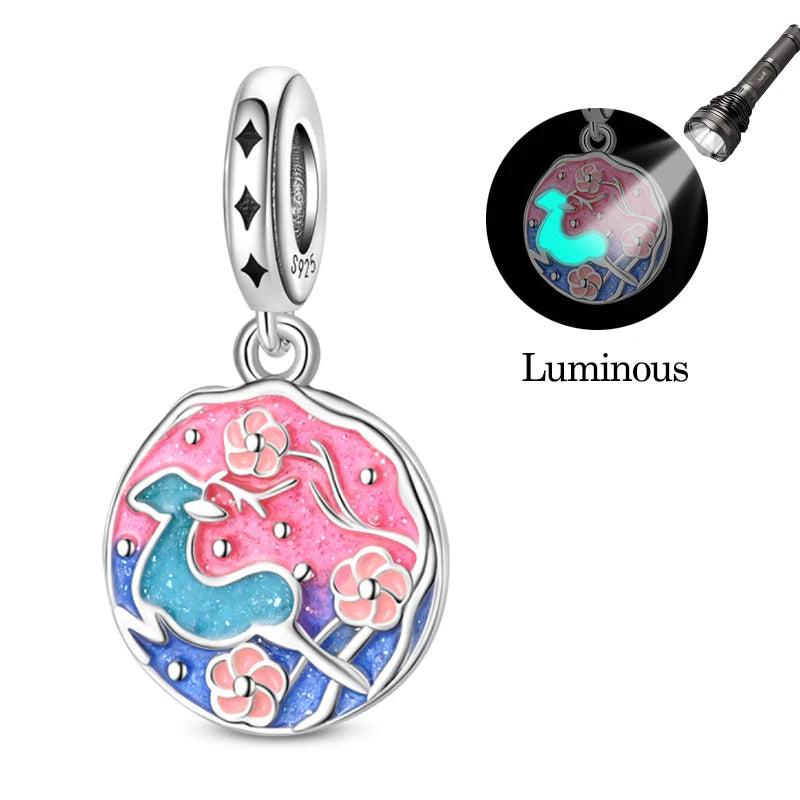 Original 925 Sterling Silver Luminous Lantern & Magic Cat Charm Bead | Glowing Angel Jungle Pendant for Bracelet Jewelry