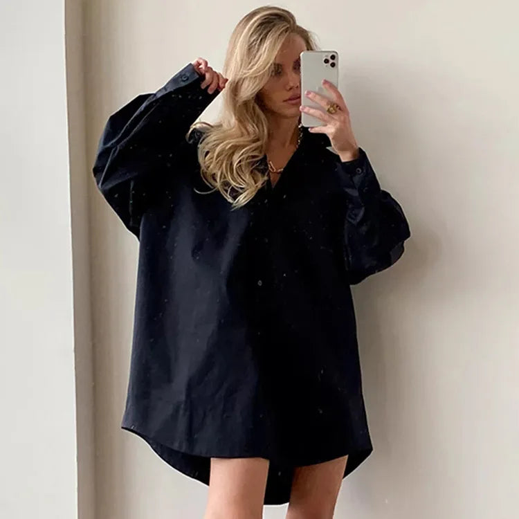 Zadily Autumn 2025 Women’s Oversized White Long Shirt – Minimalist Patchwork Button-Up Work Blouse